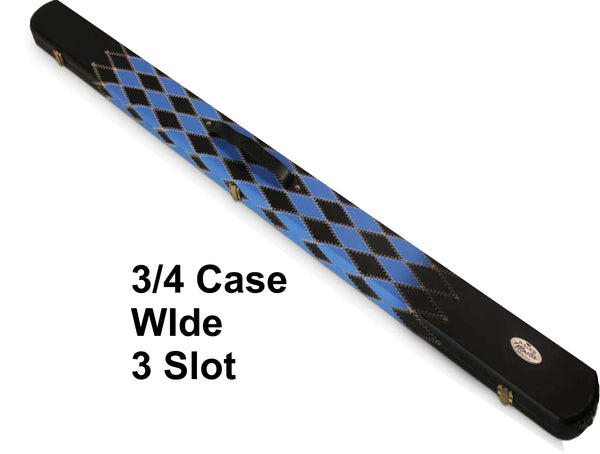 3/4 Cue Case Luxury - Black-Blue Round End Studded - 3 Slot